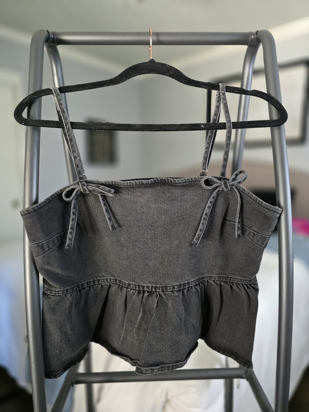 Black Denim Tie-Strap Peplum Crop Top